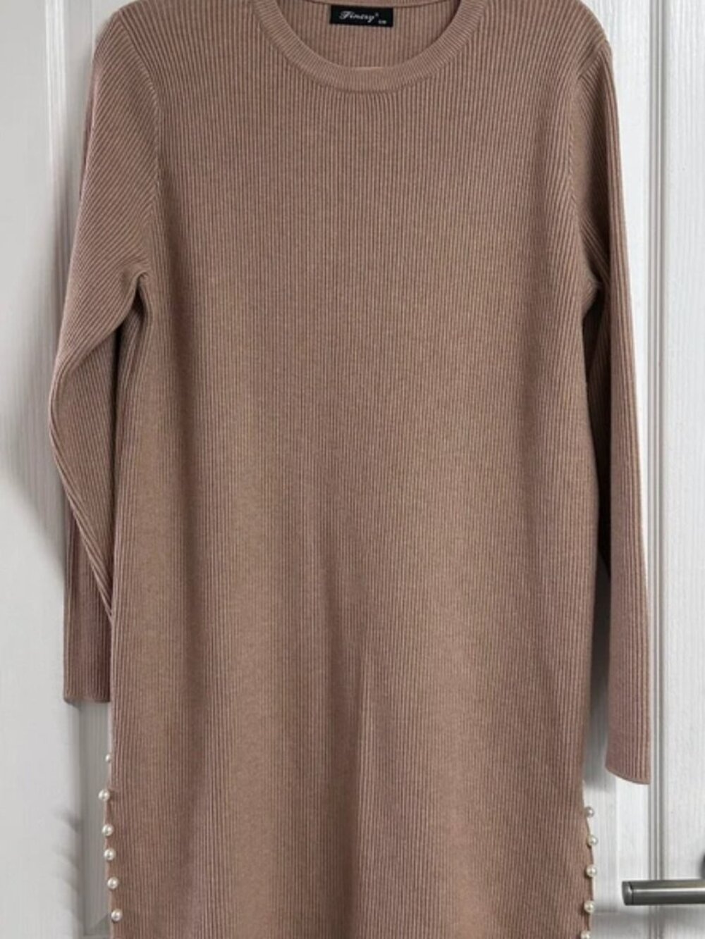 Finery Camel Ribbed Knit Pearl-Detail Tunic Dress – Size S/M
